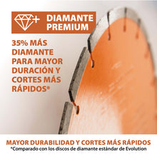 Disco de diamante premium segmentado de 350 mm con orificio de 22,2 mm Evolution para sierra de hormigón.