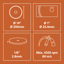 Disco de diamante premium segmentado de 350 mm con orificio de 22,2 mm Evolution para sierra de hormigón.