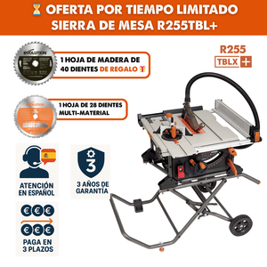 Sierra de Mesa R255TBL+ Evolution de 255mm, 1800W con hoja multi-material TCT (incluida) + Carrito + Hoja para madera de 40 dientes