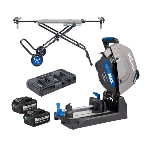 Tronzadora inalámbrica para corte de metal Evolution S355CPS-Li de 355 mm con 2 baterías de 8 Ah y cargador doble + soporte móvil plegable todoterreno con gato elevador.