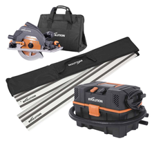 Pack Evolution - Sierra Circular R185CCSX+ de 185mm con Hoja Multi-material TCT y Bolsa de Transporte + Guía de Corte de 2,8 m + Aspirador R15VAC Evolution de 15L