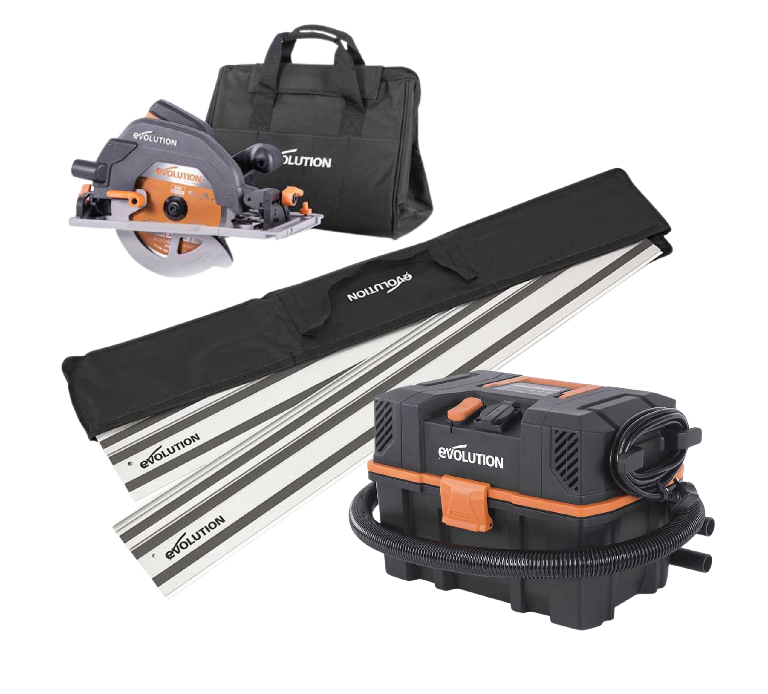 Pack Evolution - Sierra Circular R185CCSX+ de 185mm con Hoja Multi-material TCT y Bolsa de Transporte + Guía de Corte de 2,8 m + Aspirador R15VAC Evolution de 15L