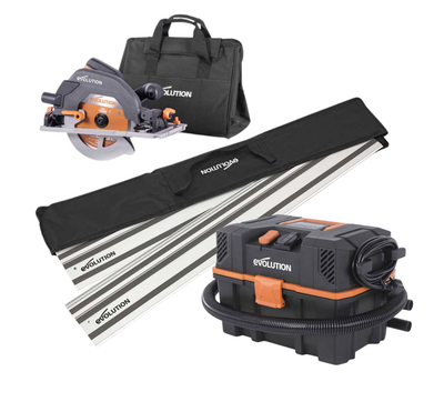 Pack Evolution - Sierra Circular R185CCSX+ de 185mm con Hoja Multi-material TCT y Bolsa de Transporte + Guía de Corte de 2,8 m + Aspirador R15VAC Evolution de 15L