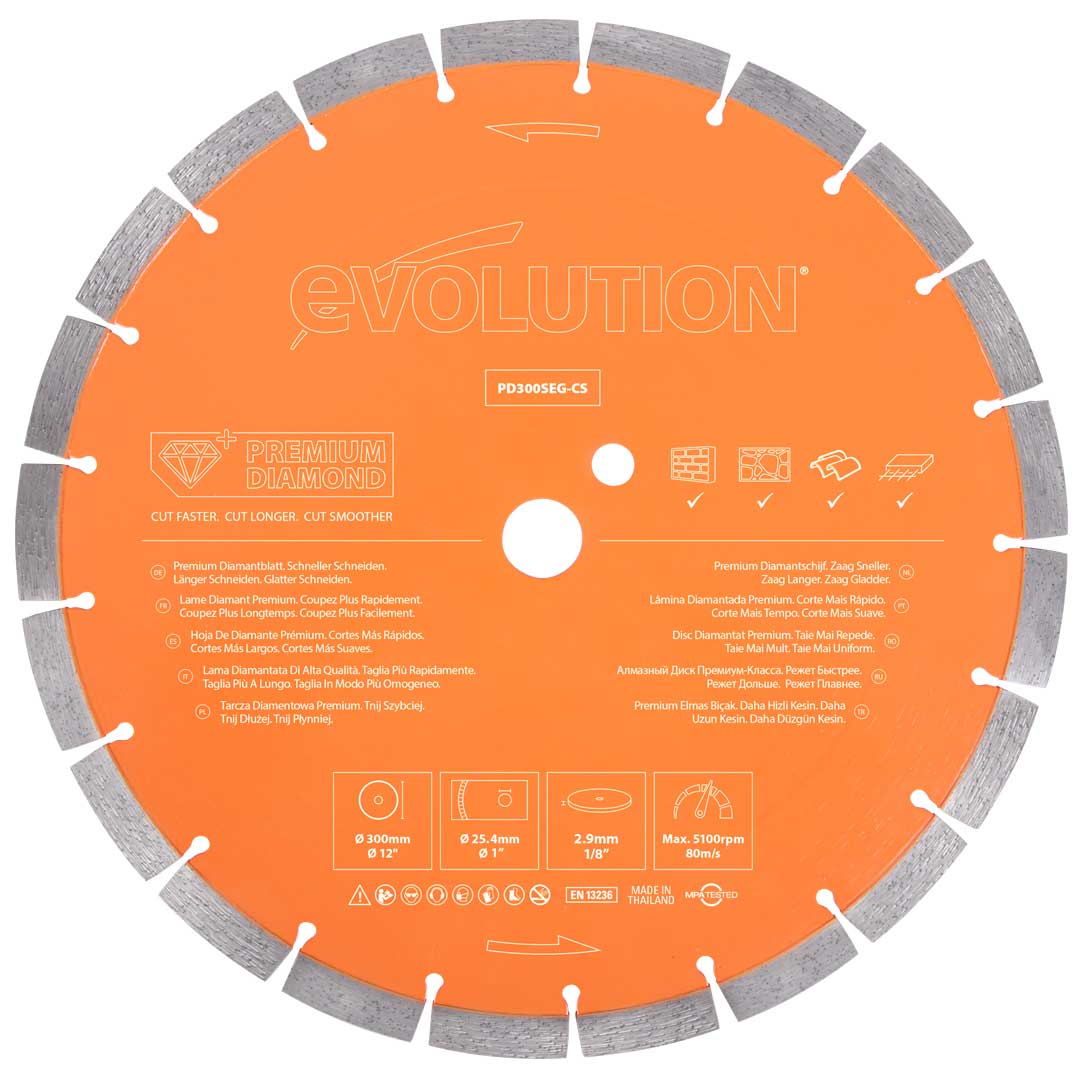 Disco Diamantado Segmentado Premium para Sierra de Hormigón Evolution de 300 mm, Agujero de 22,2 mm