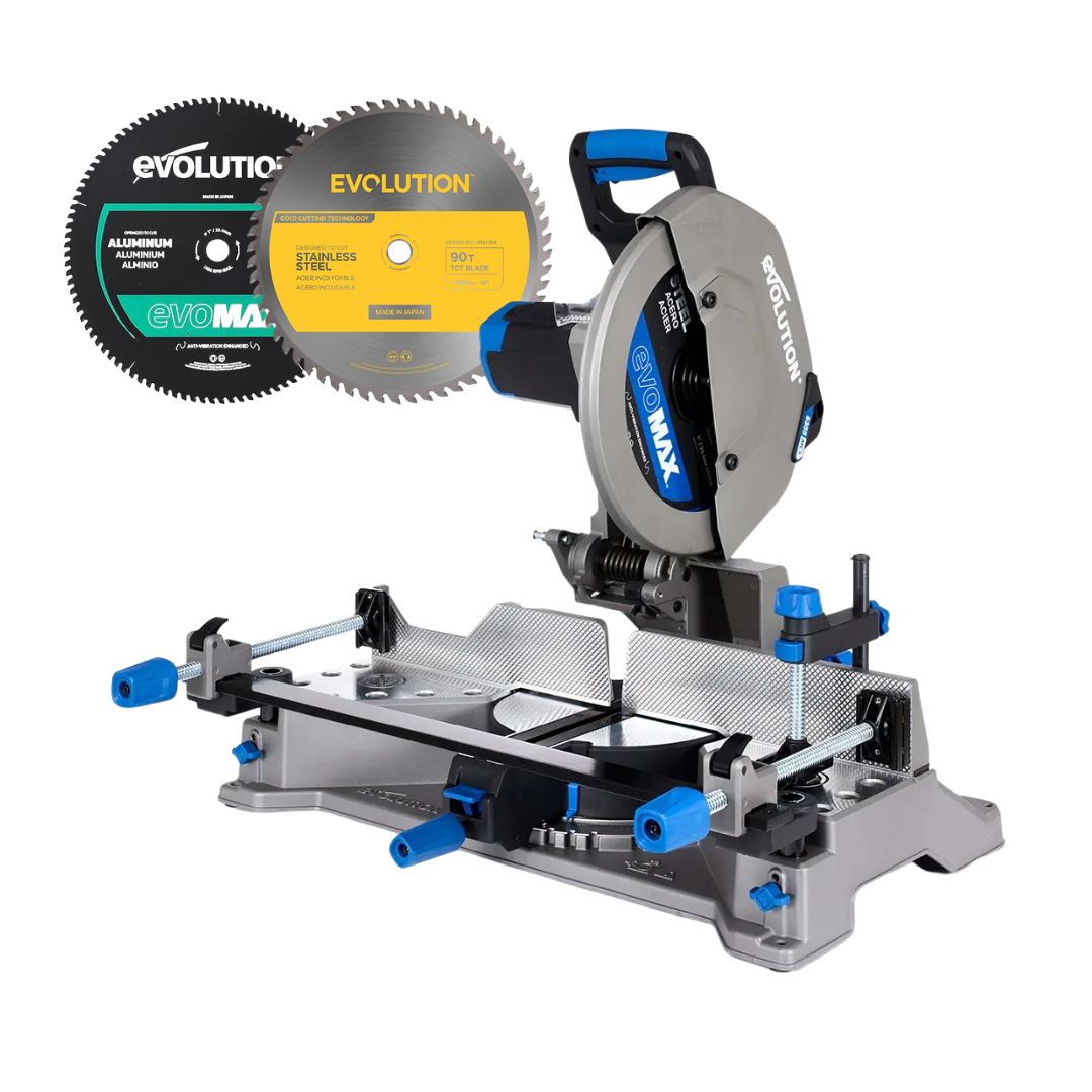 Pack Evolution: Sierra tronzadora para metal Evolution S355MCS-G2 de 355 mm con disco EVOMAX para acero y aluminio + disco especial para acero inoxidable