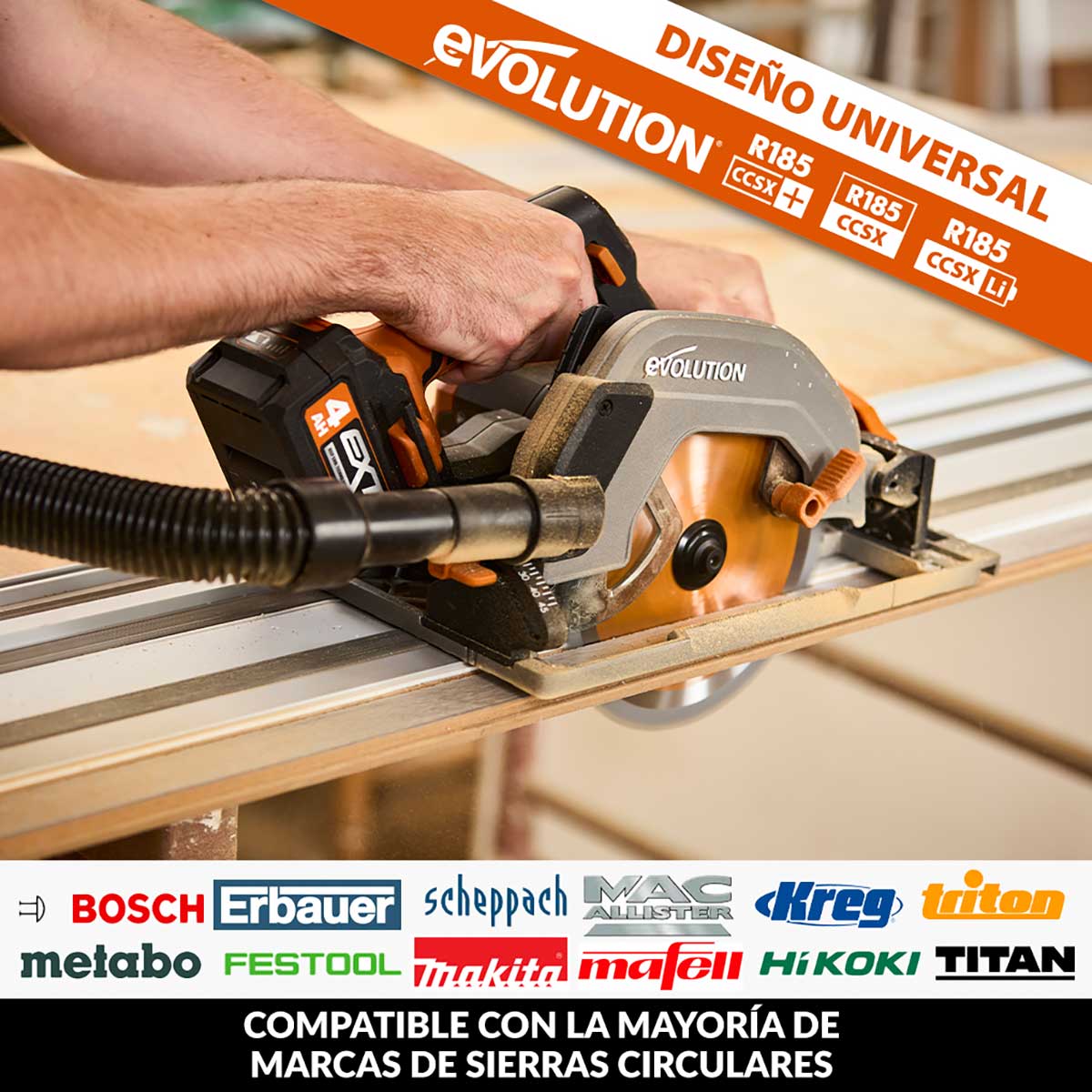 Pack Evolution - Sierra Circular R185CCSX+ de 185mm con Hoja Multi-material TCT y Bolsa de Transporte + Guía de Corte de 2,8 m