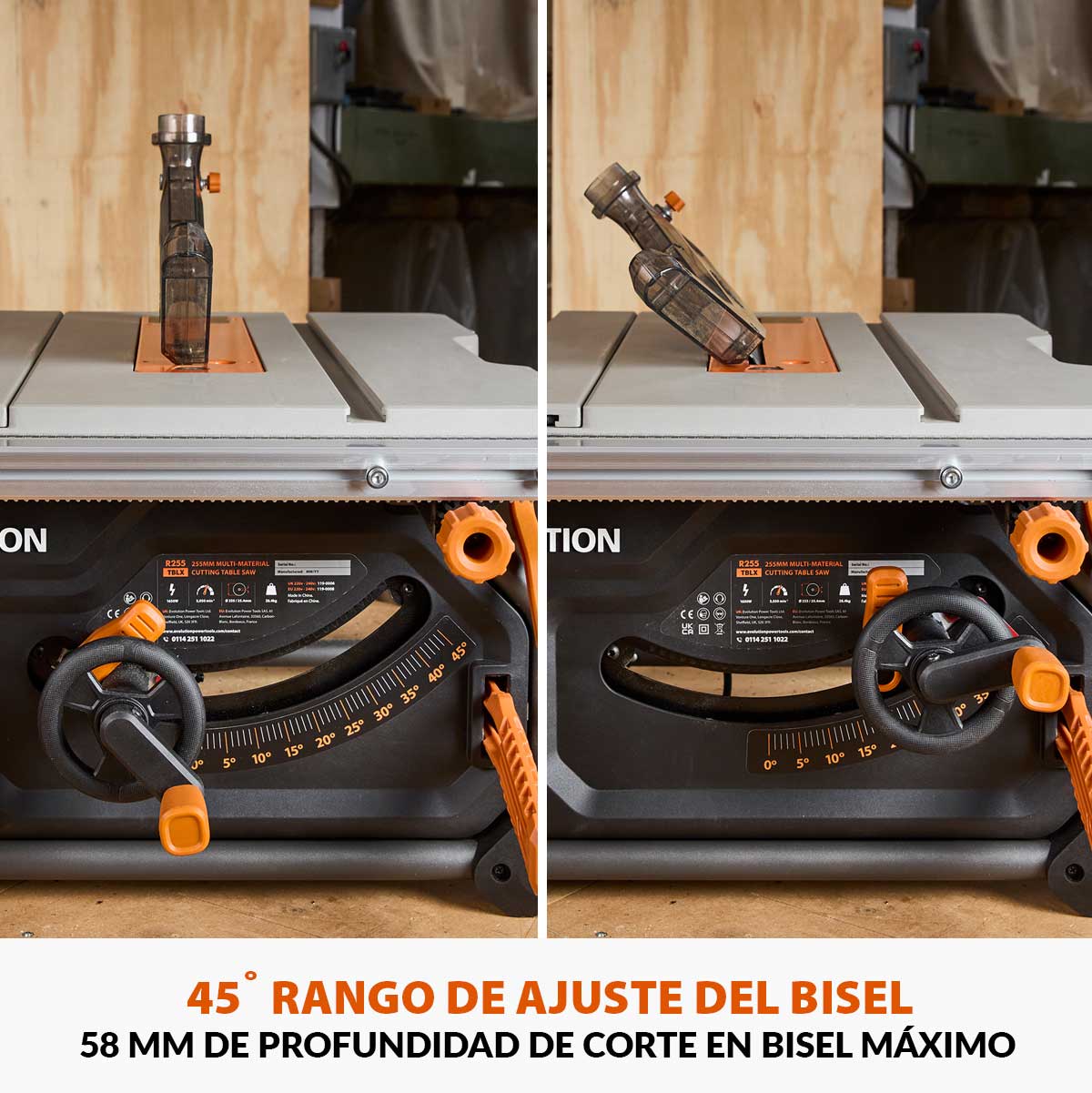 Sierra de Mesa R255TBL+ Evolution 255mm, 1800W hoja multi-material TCT (incluida) + Carrito + Hoja para madera de 40 dientes + Cuchillo Separador