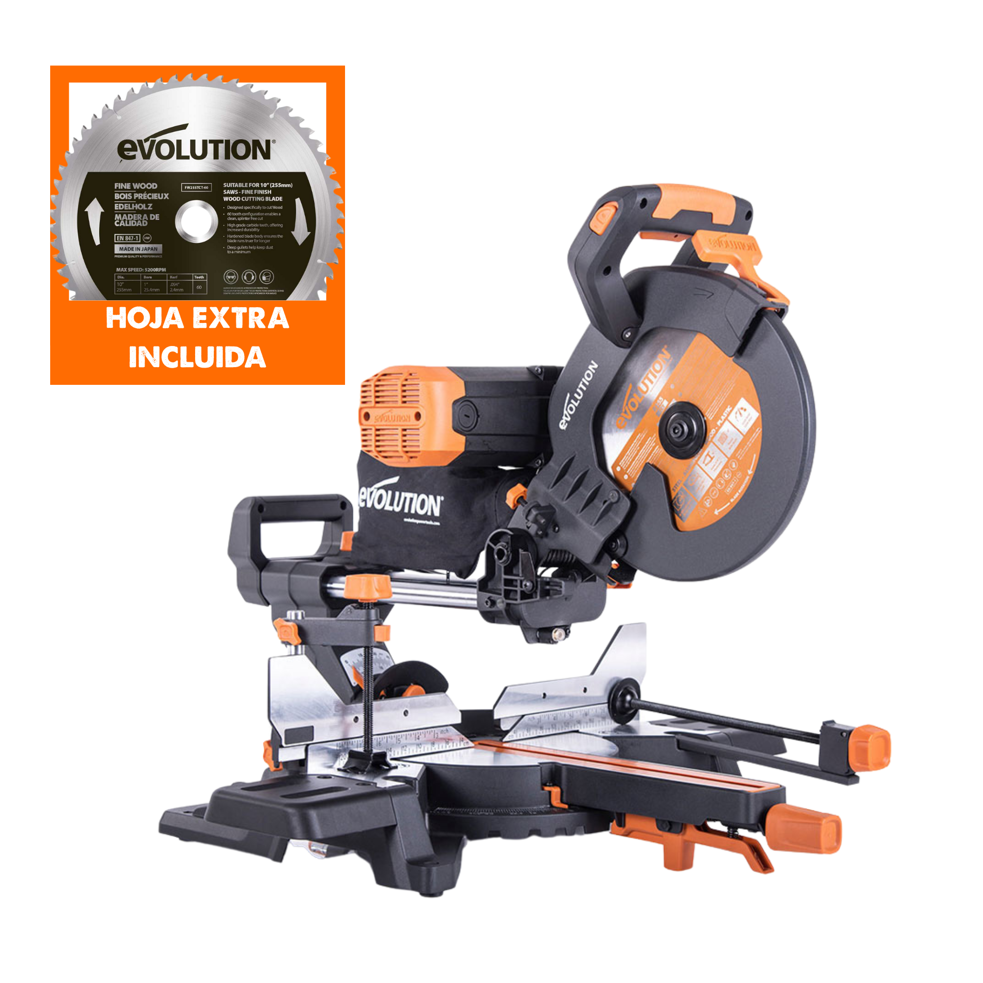 Pack Evolution - Ingletadora telescópica de doble bisel R255SMS-DB+ Evolution de 255 mm, con hoja multi-material TCT + Hoja para madera premium