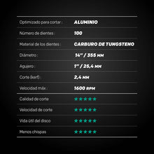 Disco EVOMAX de 355 mm de 100 dientes para Corte Profesional de Aluminio de Alta Resistencia