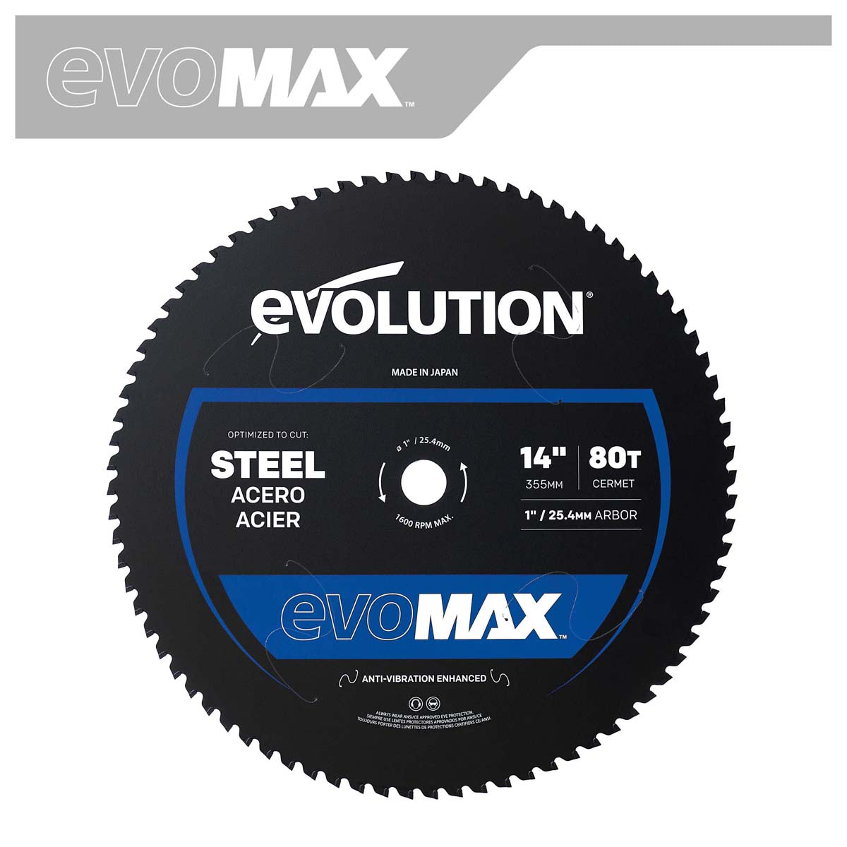 Disco para acero EVOMAX 355 mm de 80 dientes para corte profesional e intensivo