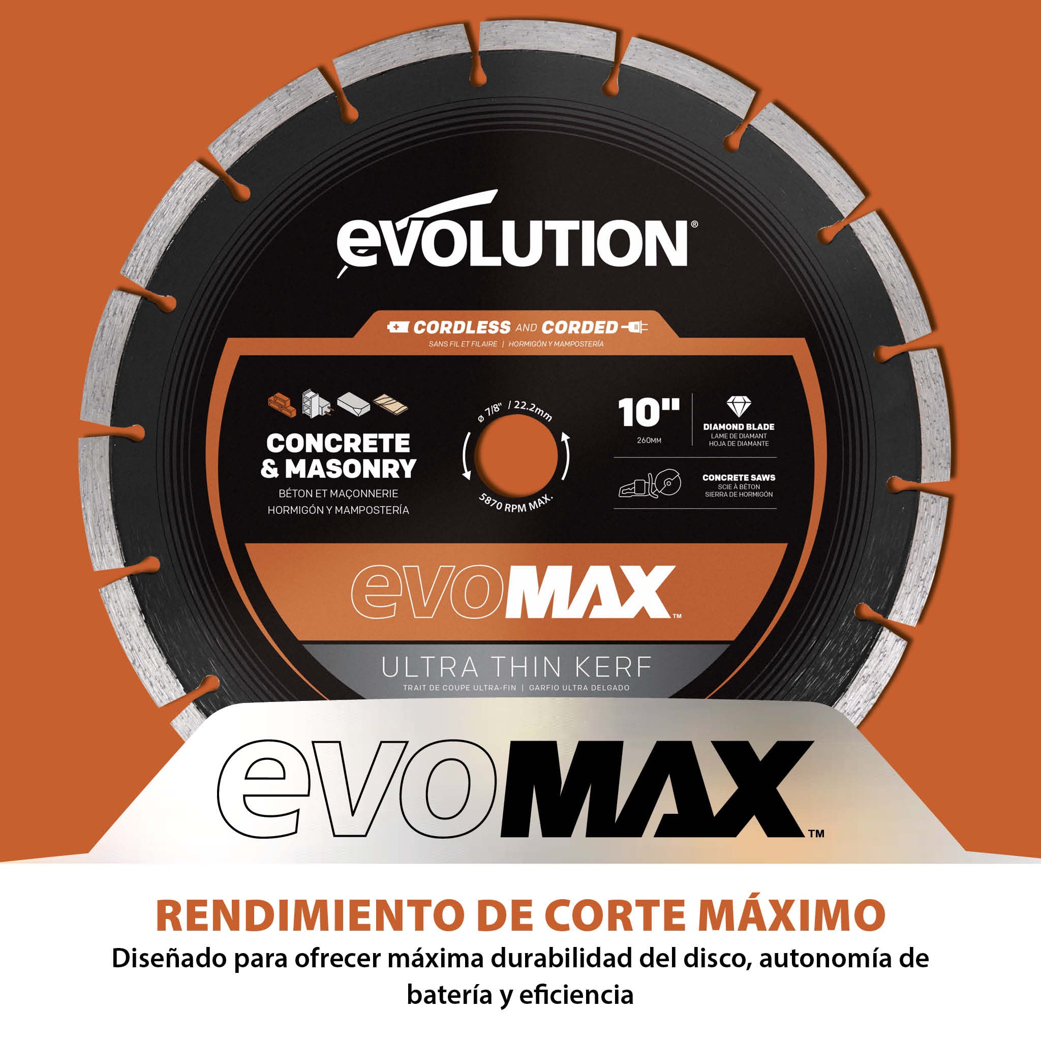 Disco diamantado EVOMAX | 260 mm ultrafino, específico para cortadoras de hormigón inalámbricas