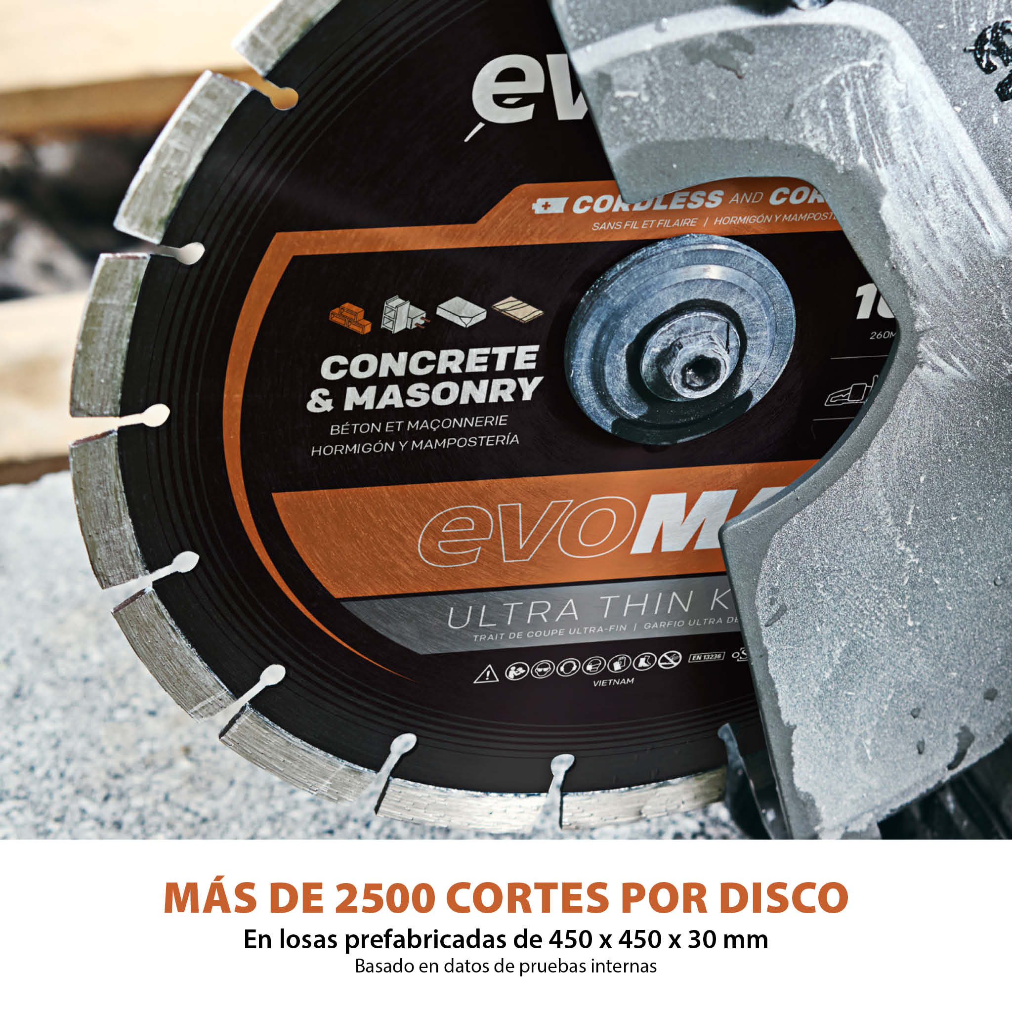 Disco diamantado EVOMAX | 260 mm ultrafino, específico para cortadoras de hormigón inalámbricas