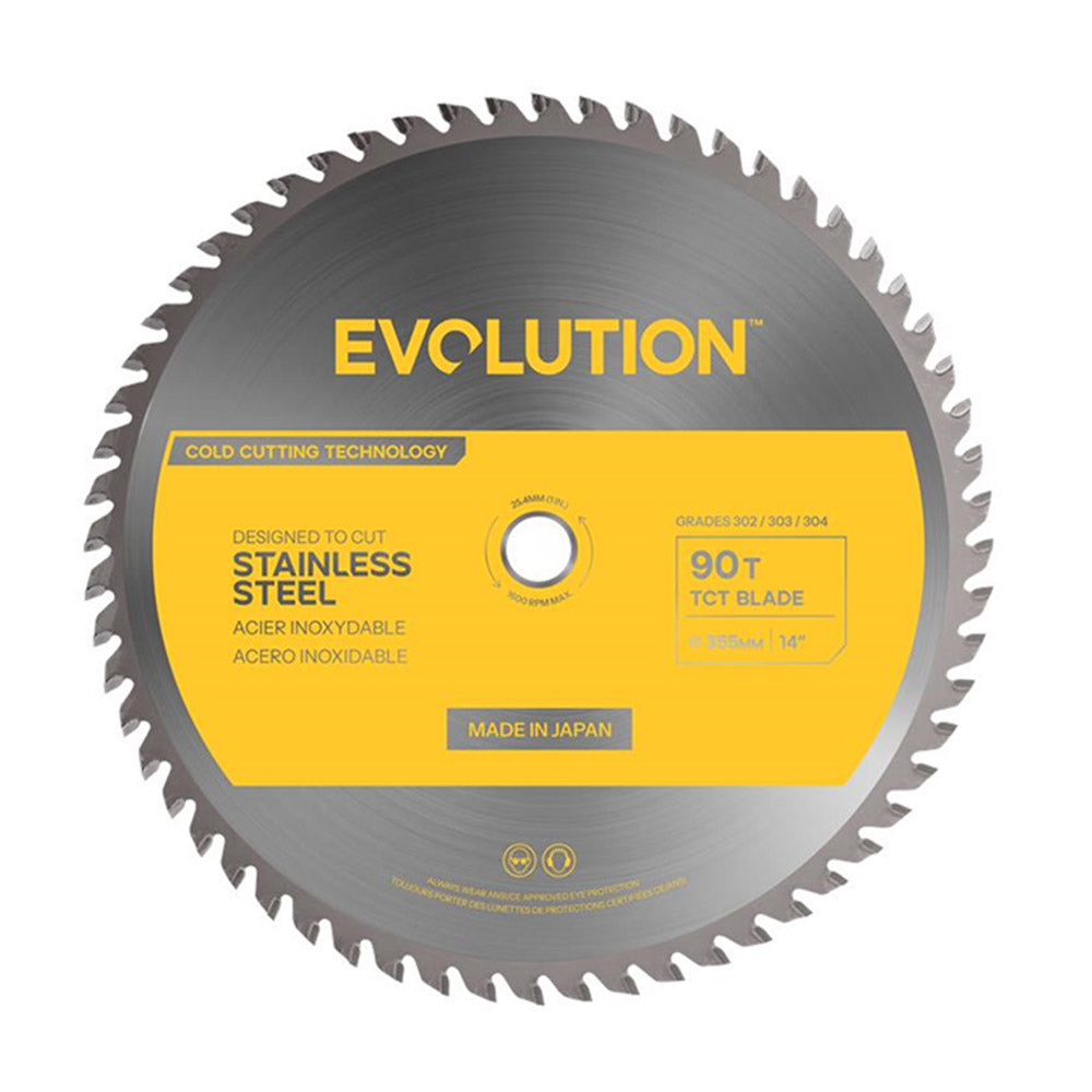 Disco de sierra especial para el corte de acero inoxidable Evolution G2 TCT de 355 mm, 90 dientes y diámetro de eje (alesaje) de 25,4 mm, para tronzadora