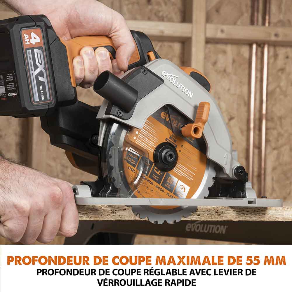 Sierra circular sin cable 165mm Evolution R165CCS-Li con hoja multi-material TCT con batería de 4Ah y cargador