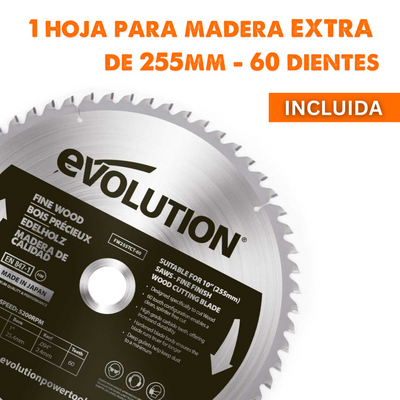 Pack Evolution - Ingletadora eléctrica de doble bisel R255SMS-DB+ con hoja multi-material TCT de 255mm + Hoja para madera premium