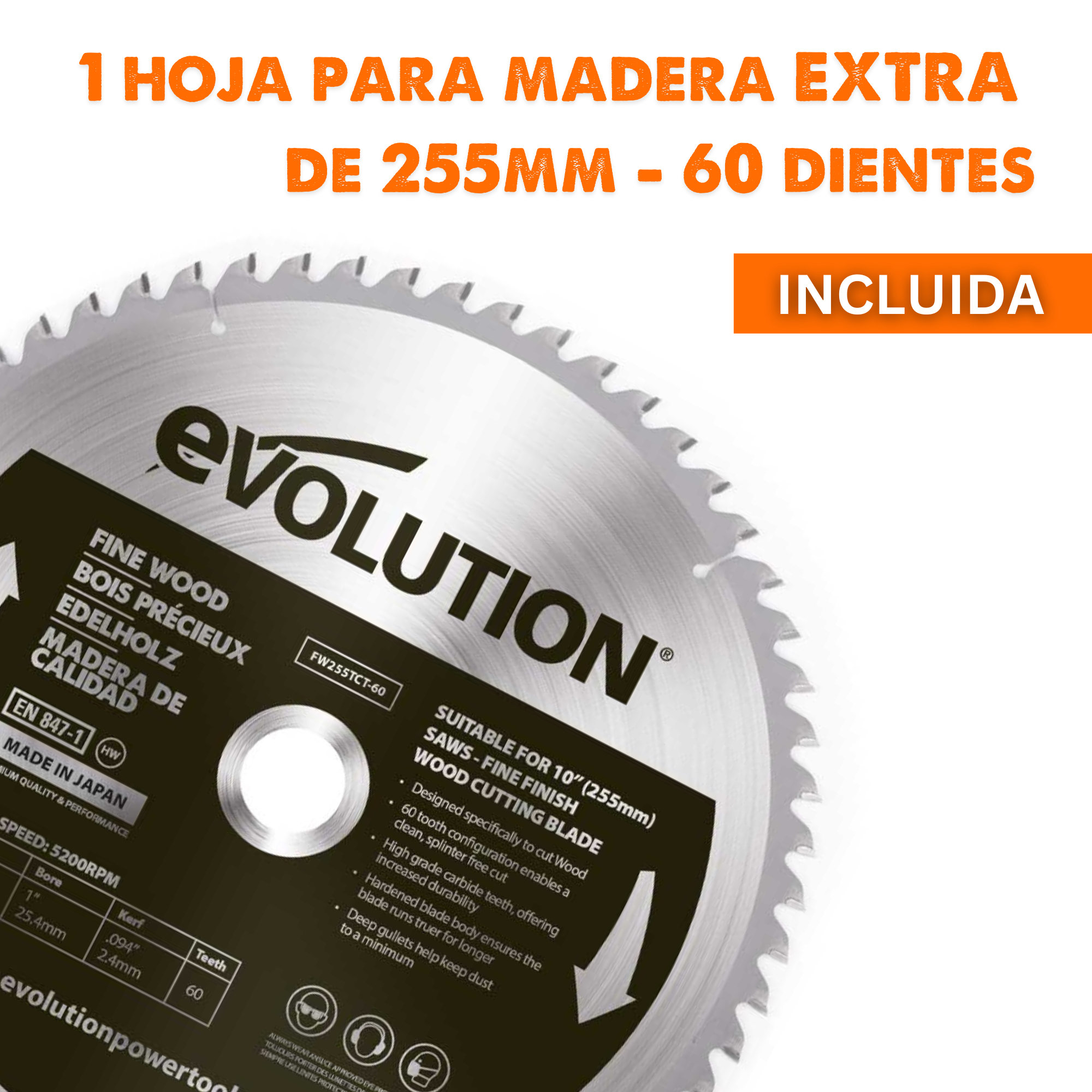 Pack Evolution - Ingletadora eléctrica de doble bisel R255SMS-DB+ con hoja multi-material TCT de 255mm + Hoja para madera premium