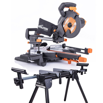 Pack Evolution - Sierra ingletadora eléctrica 210 mm R210SMS-300+ con hoja TCT multimaterial + soporte