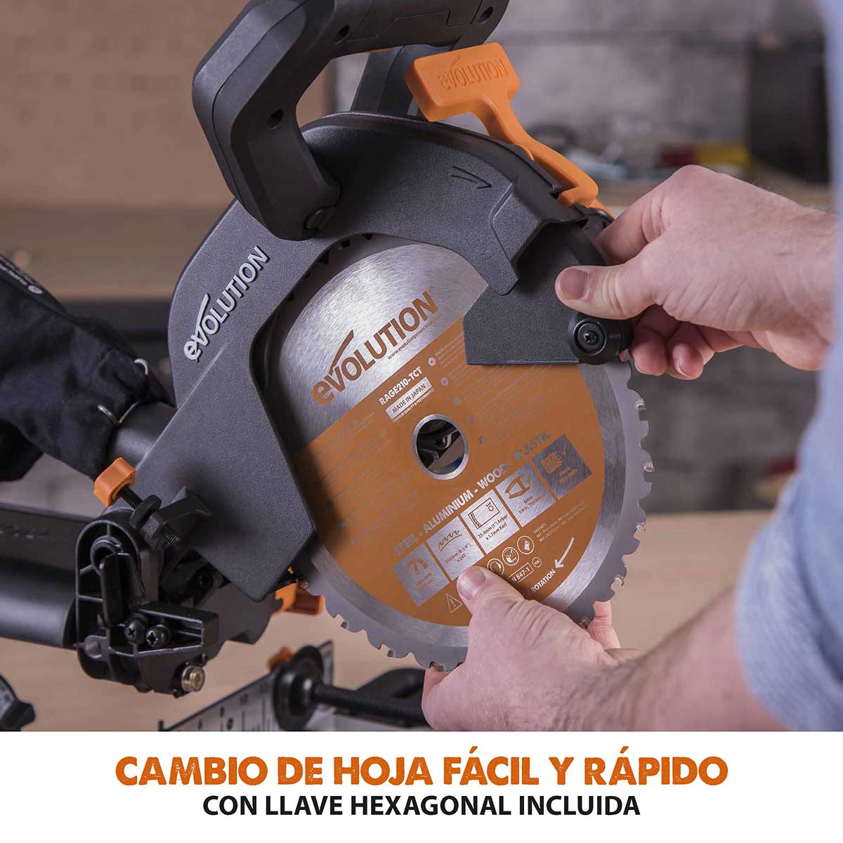 Pack Evolution - Ingletadora Telescópica R210SMS+ Evolution de 210 mm con Hoja Multi-material TCT y Soporte Universal