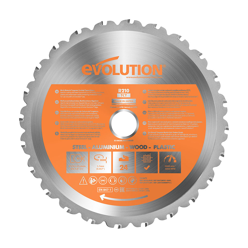 Hoja TCT para Ingletadora y Sierra de Mesa Evolution de 210 mm, 24 Dientes y Agujero de 25,4mm para corte Multi-material