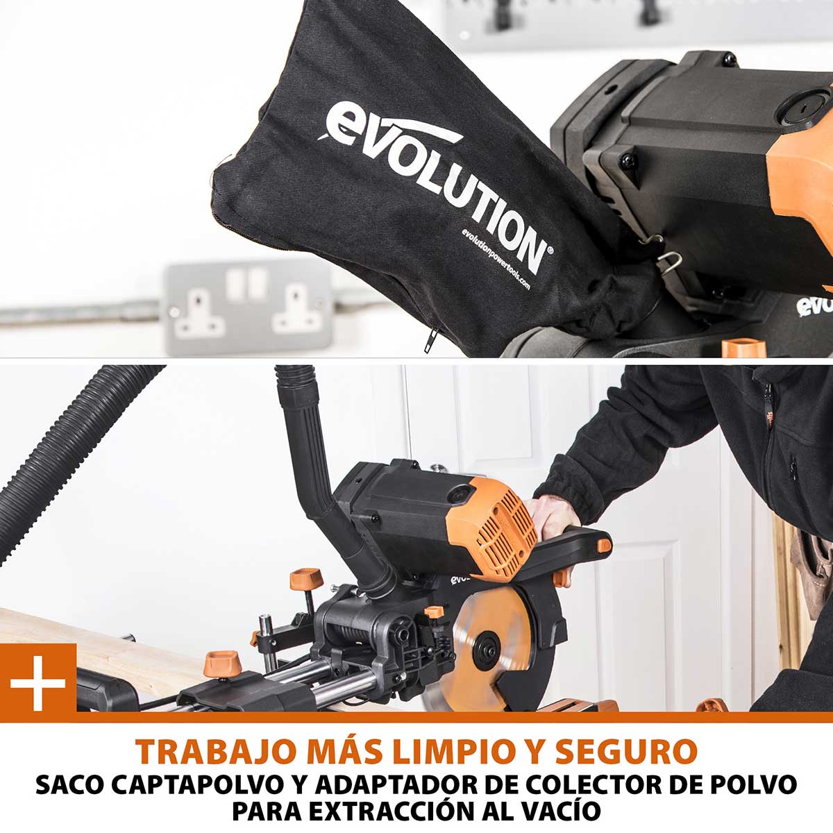 Pack Evolution - Ingletadora Telescópica de doble bisel R255SMS-DB+ Evolution de 255mm con Hoja Multi-material TCT y Soporte Universal PLUS