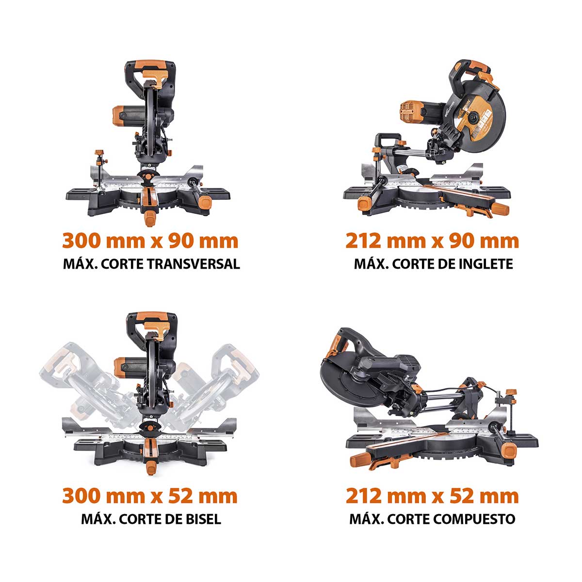 Pack Evolution - Ingletadora Telescópica de doble bisel R255SMS-DB+ Evolution de 255mm con Hoja Multi-material TCT y Soporte Universal PLUS