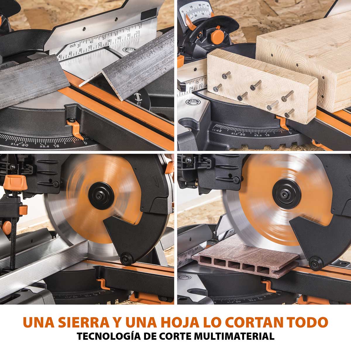 Pack Evolution - Ingletadora Telescópica de doble bisel R255SMS-DB+ Evolution de 255mm con Hoja Multi-material TCT y Soporte Universal PLUS