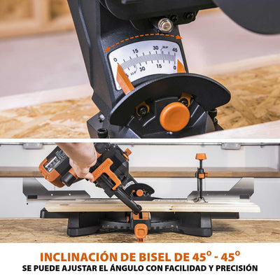 Pack Evolution - Ingletadora Telescópica de doble bisel R255SMS-DB+ Evolution de 255mm con Hoja Multi-material TCT y Soporte Universal PLUS