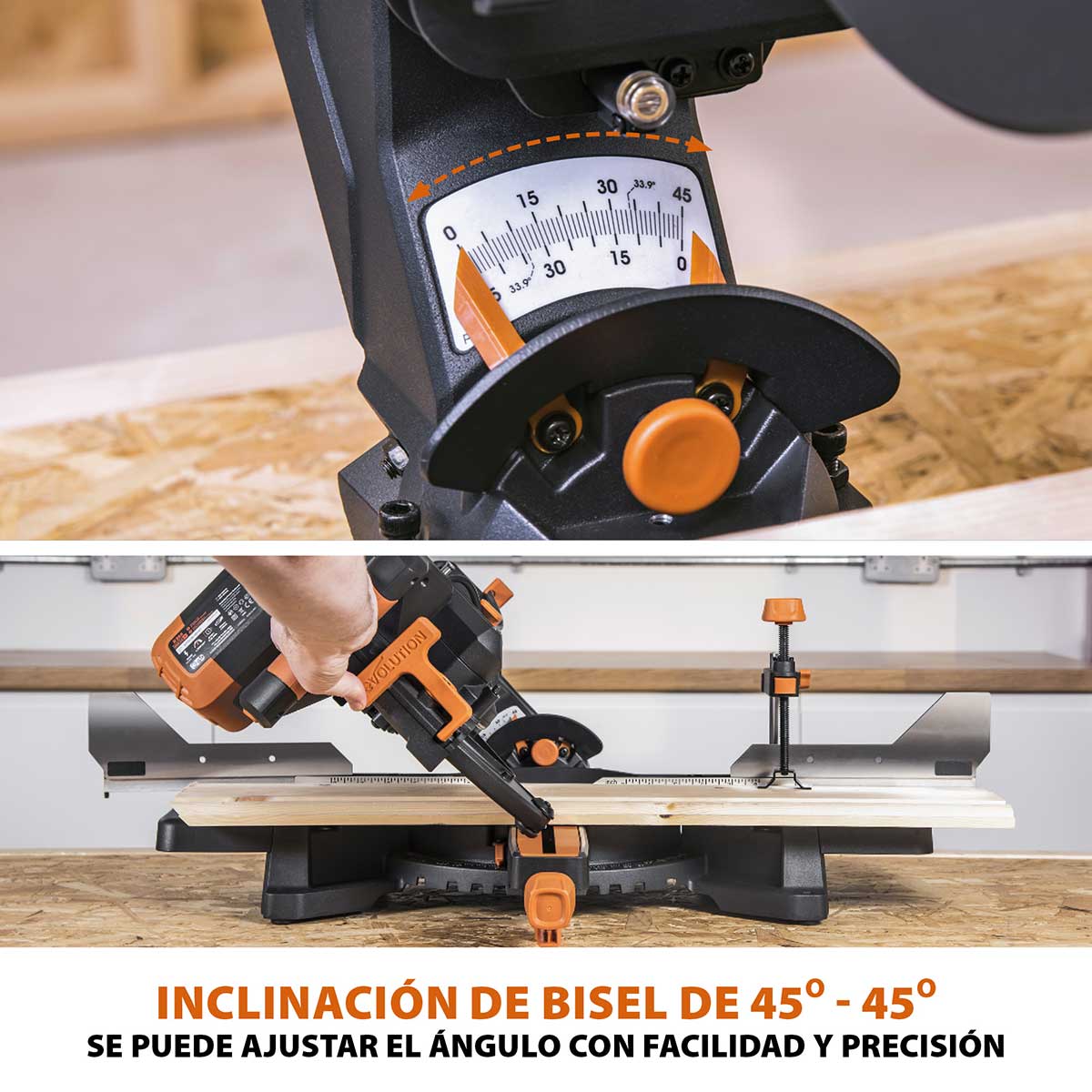 Pack Evolution - Ingletadora Telescópica de doble bisel R255SMS-DB+ Evolution de 255mm con Hoja Multi-material TCT y Soporte Universal PLUS