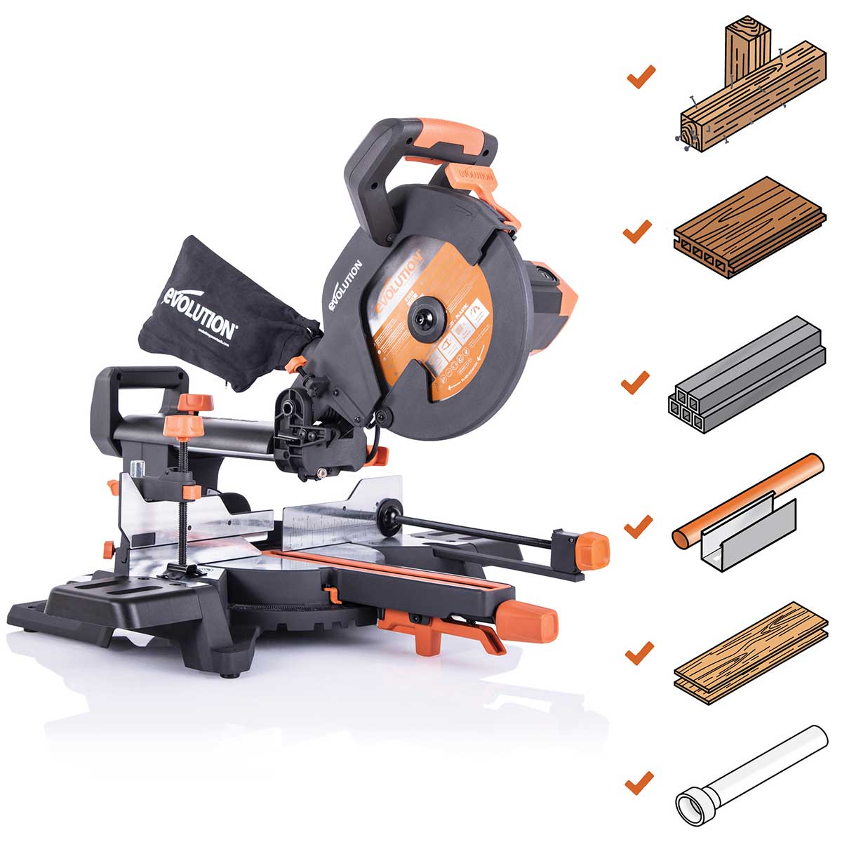 Pack Evolution - Ingletadora eléctrica de doble bisel R255SMS-DB+ con hoja multi-material TCT de 255mm + Hoja para madera premium
