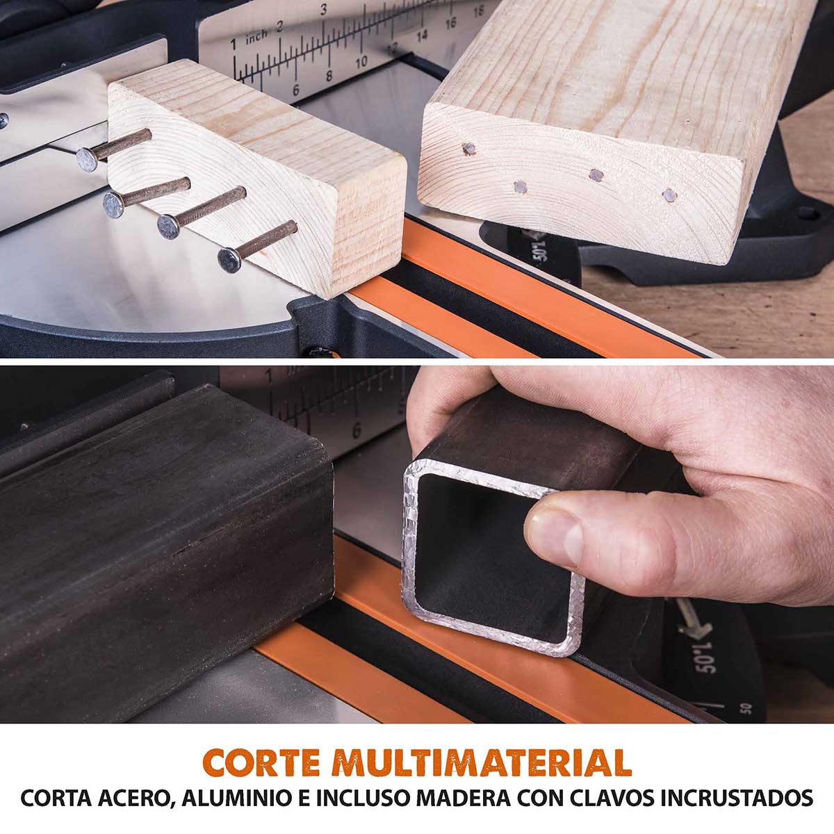Pack Evolution - Ingletadora eléctrica de doble bisel R255SMS-DB+ con hoja multi-material TCT de 255mm + Hoja para madera premium
