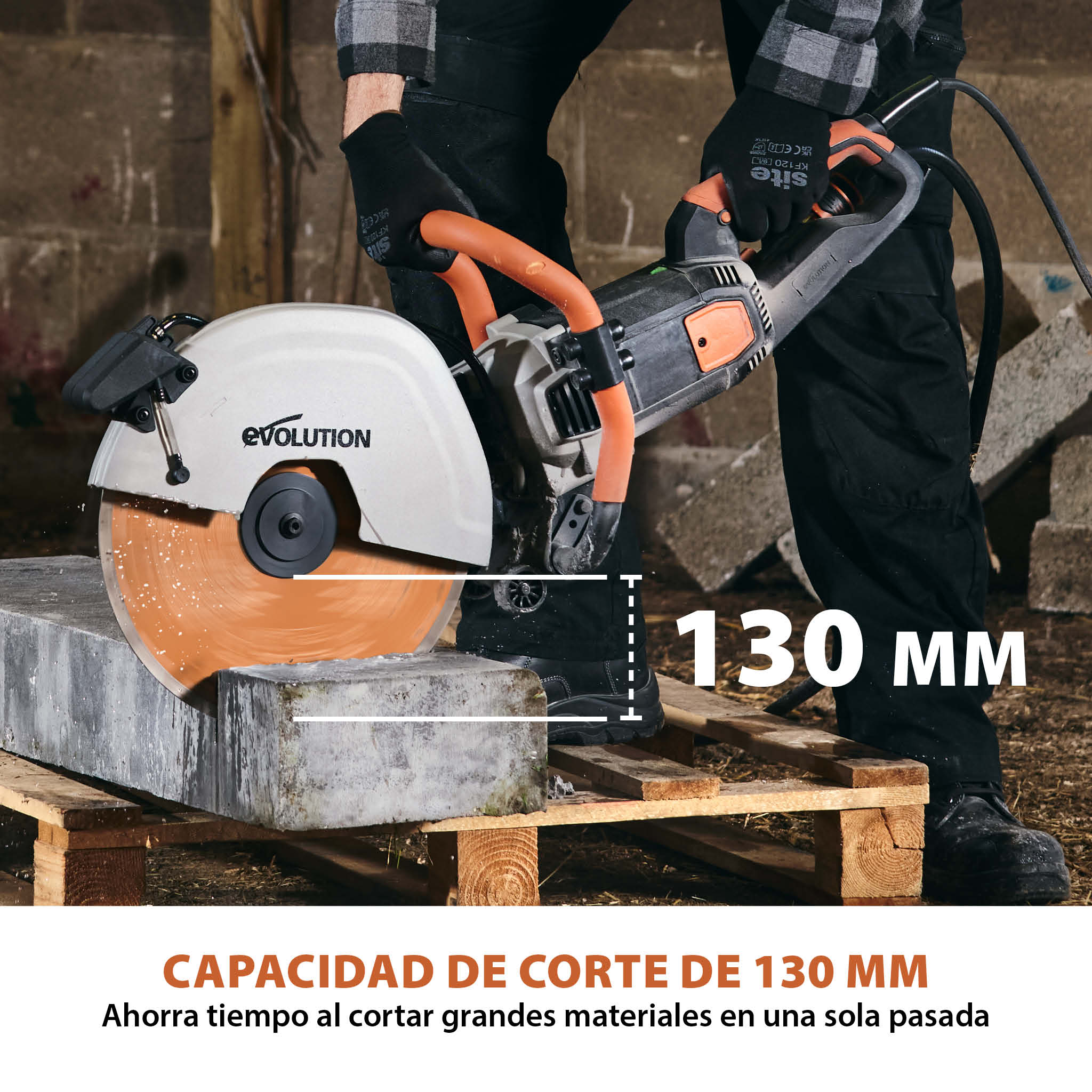 Sierra de Hormigón Eléctrica R350DCT+ de Evolution de 350 mm con sistema anti-polvo y disco diamantado premium