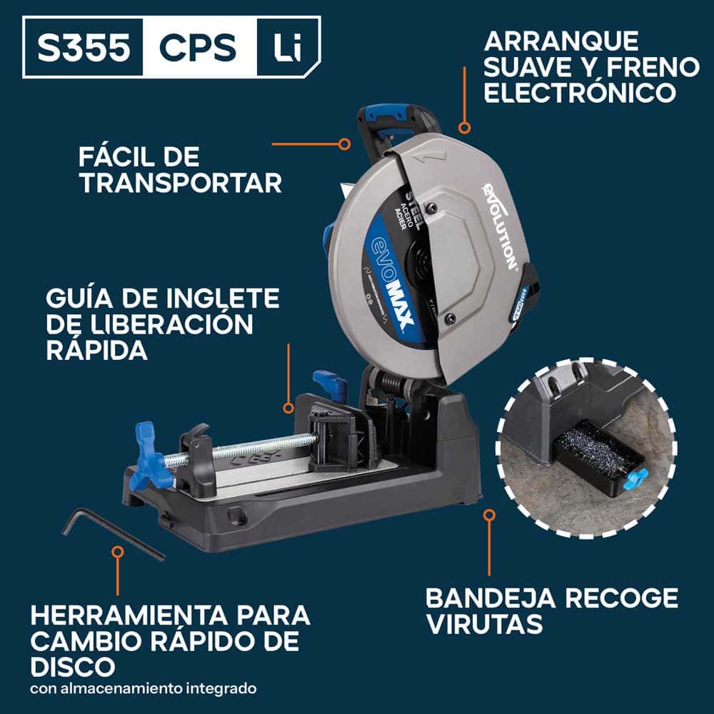 Sierra de corte inalámbrica de 355mm S355CPS-Li para cortar metales, con motor sin escobillas de 36V y hoja EvoMax