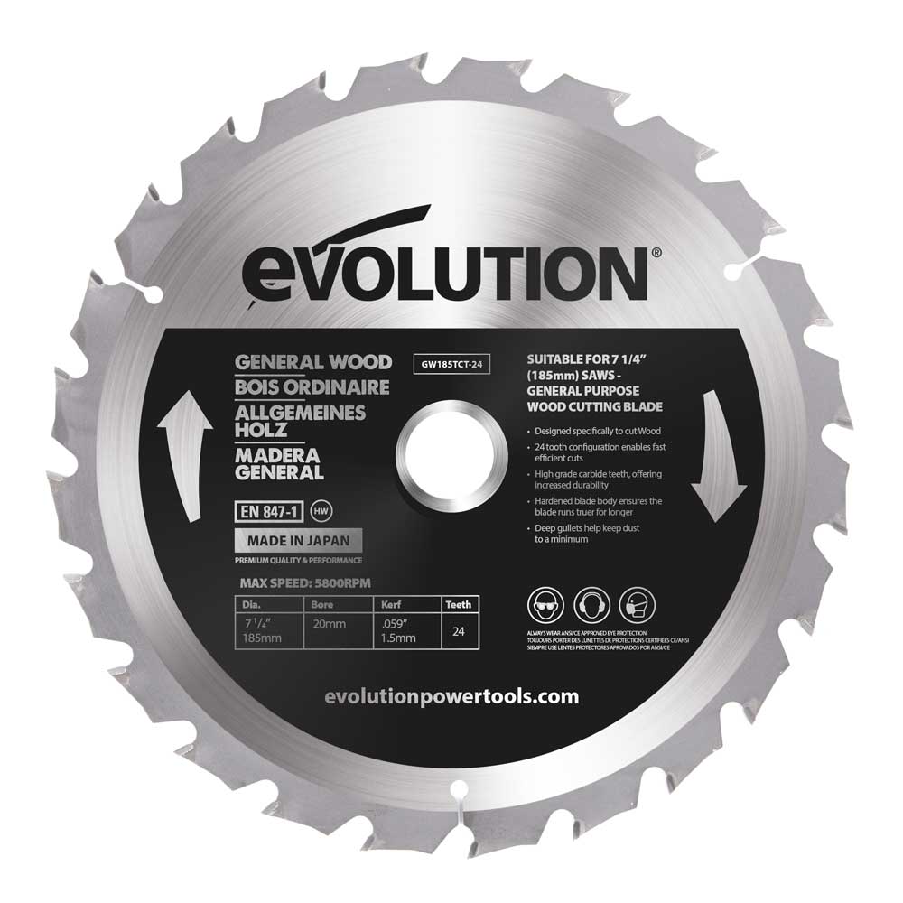 Hoja TCT para Ingletadora y Sierra de Mesa Evolution de 185 mm, 24 Dientes, Agujero de 20 mm para Madera