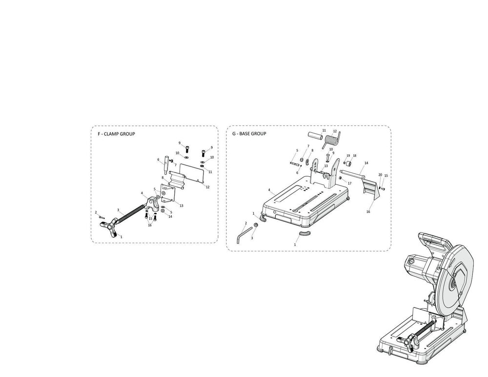 Evolution R355CPS Chop Saw Repuestos (Sección de base)