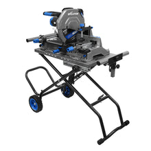 Sierra de inglete para corte de metal Evolution S355MCS-G2 de 355 mm + soporte móvil plegable todoterreno con sistema de elevación asistida (gato hidráulico)