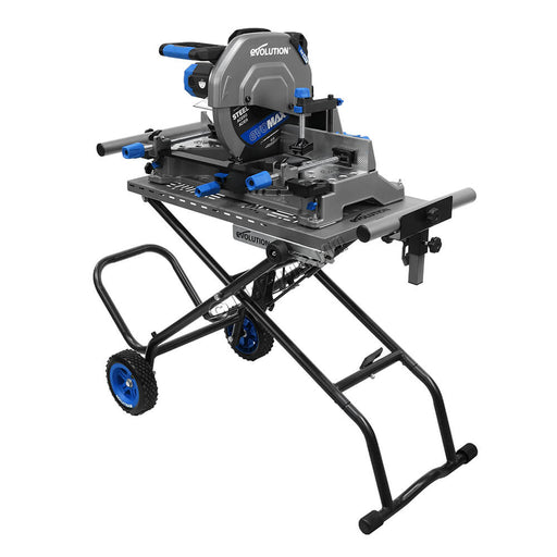 Sierra de inglete para corte de metal Evolution S355MCS-G2 de 355 mm + soporte móvil plegable todoterreno con sistema de elevación asistida (gato hidráulico)