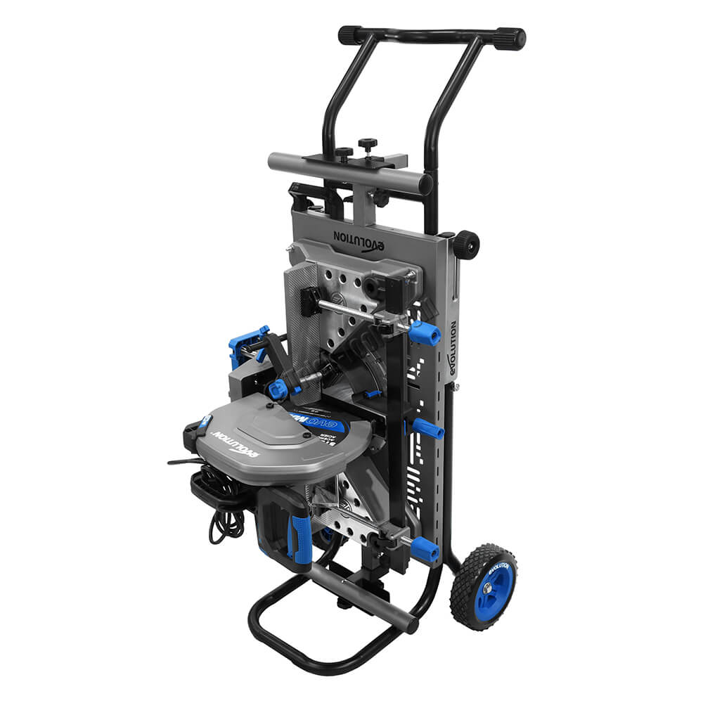 Sierra de inglete para corte de metal Evolution S355MCS-G2 de 355 mm + soporte móvil plegable todoterreno con sistema de elevación asistida (gato hidráulico)