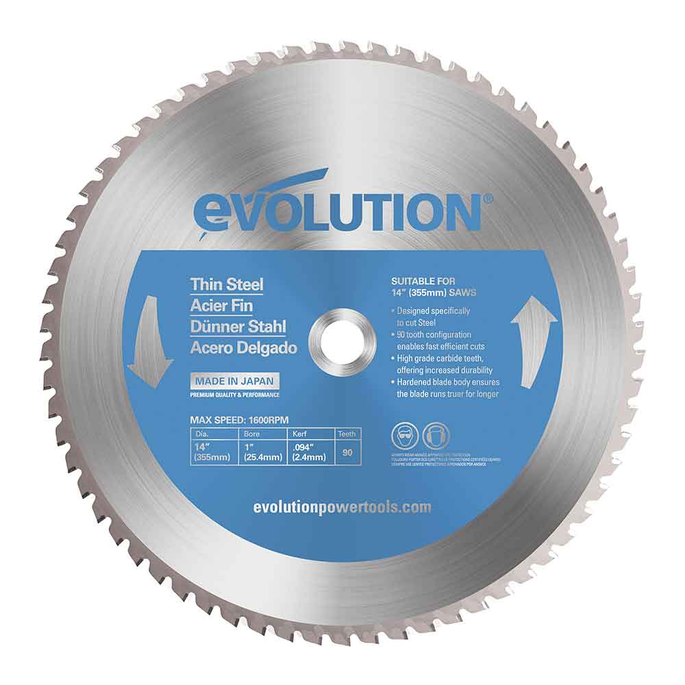 Disco de precisión TCT para Ingletadoras y Sierras de Corte Evolution de 355mm, 90 dientes y Agujero de 25.4 mm para Acero Fino